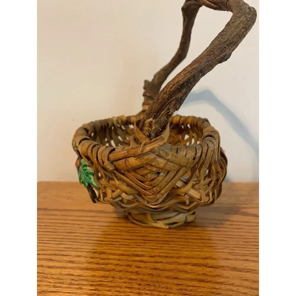 VTG Fruit Wicker Gathering Basket God's Eye Branch Handle Woven Hand Painted